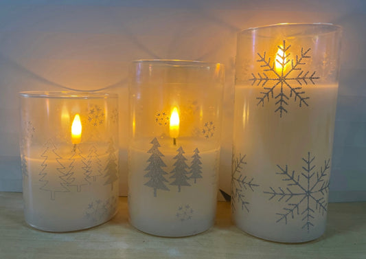 LED Real Wax Candle in Glass with Snowflake 3PK
